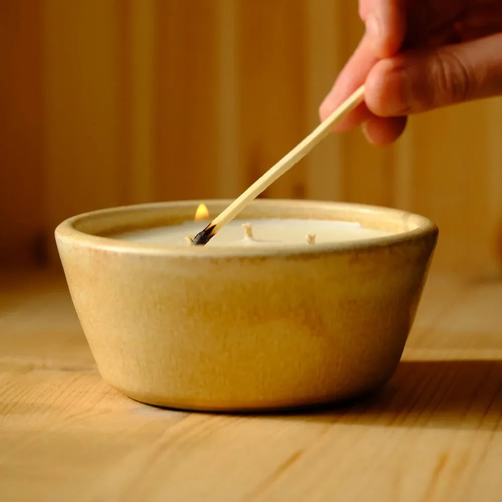 Natural Candle in Pottery Bowl ~ 'Triple Wick'